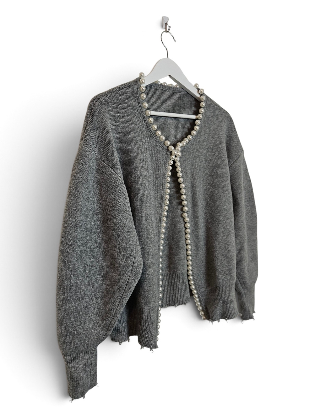 COMMENSE Pearl Trim Ripped Hem Cardigan L Distressed Coquette Knit Sweater Gray